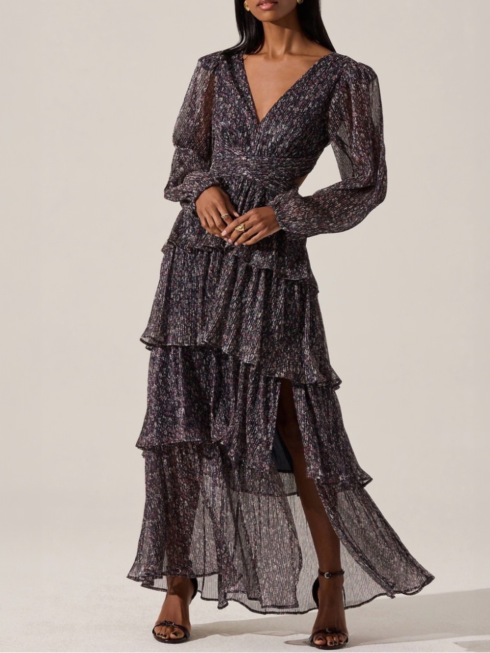 Astr Multi-Color Floral V‑Neck Ruffled Tiered Maxi Dress